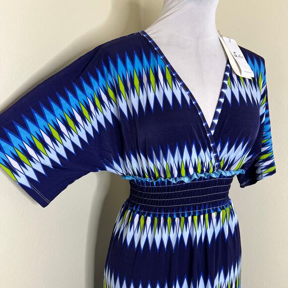 5th & Love Maxi Dress MEDIUM Blue Dolman Keyhole Jersey V-Neck Smocked Ruffle - Picture 4 of 9